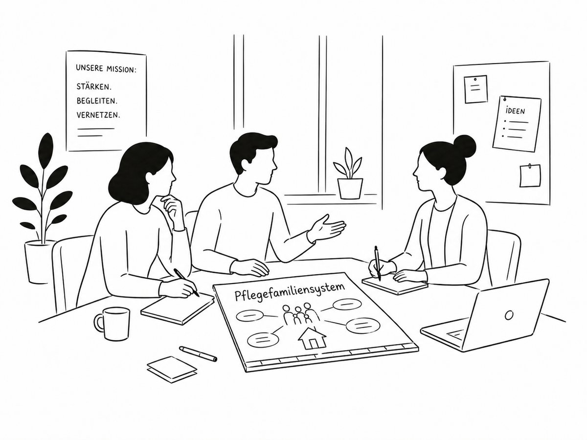Illustration: Drei Personen besprechen das Pflegefamiliensystem